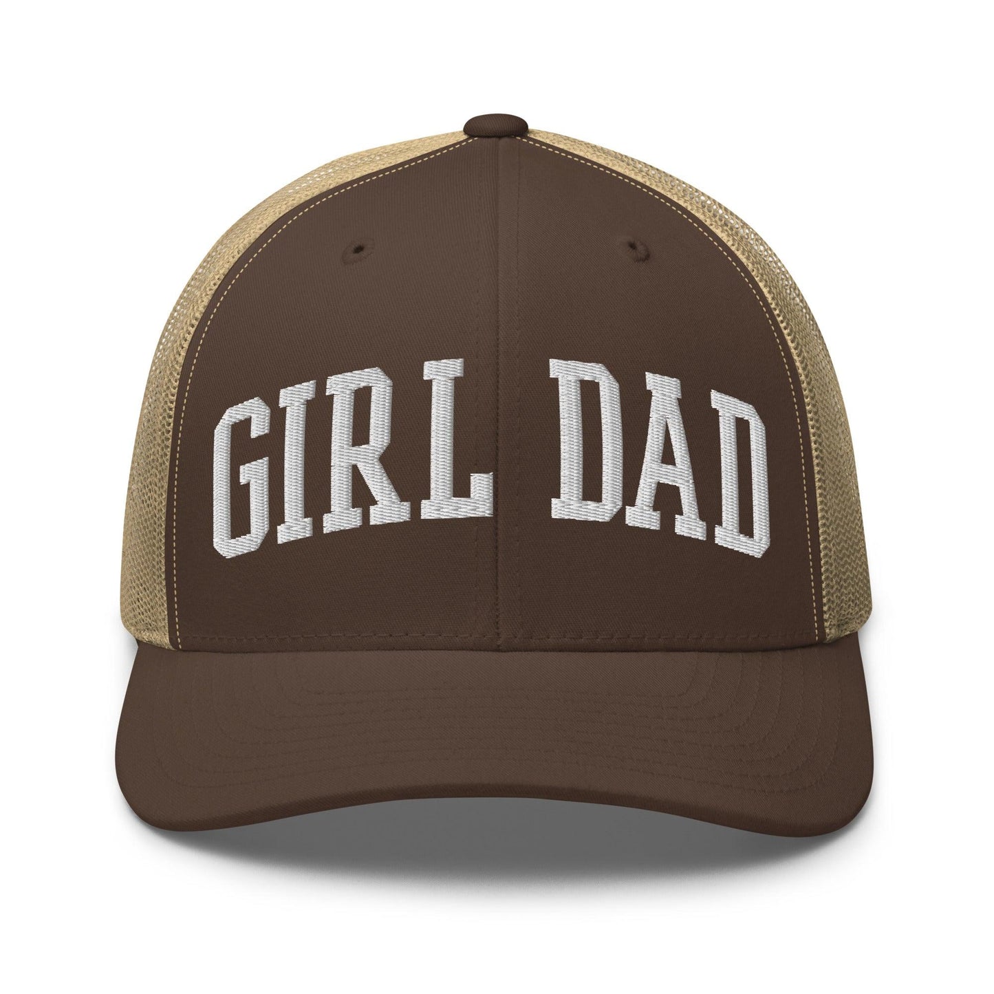 Girl Dad Varsity Letterman Embroidered Mesh Trucker Hat Brown Khaki