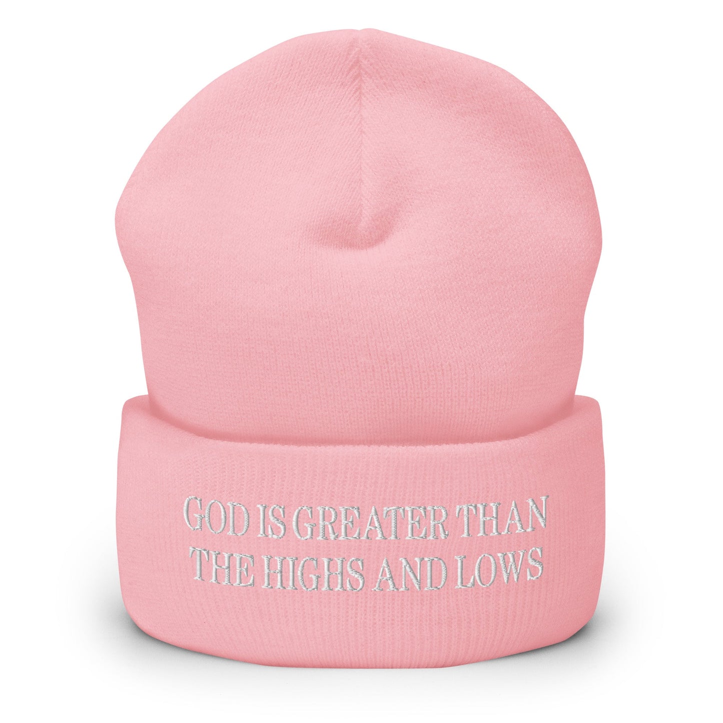 God is Greater than the Highs and Lows Embroidered Knit Cuffed Beanie Baby Pink