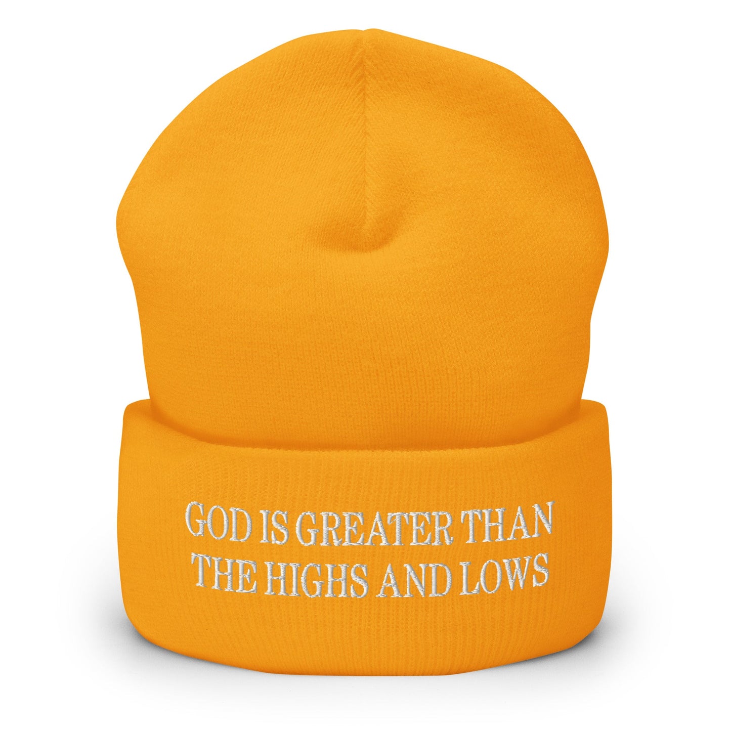 God is Greater than the Highs and Lows Embroidered Knit Cuffed Beanie Gold