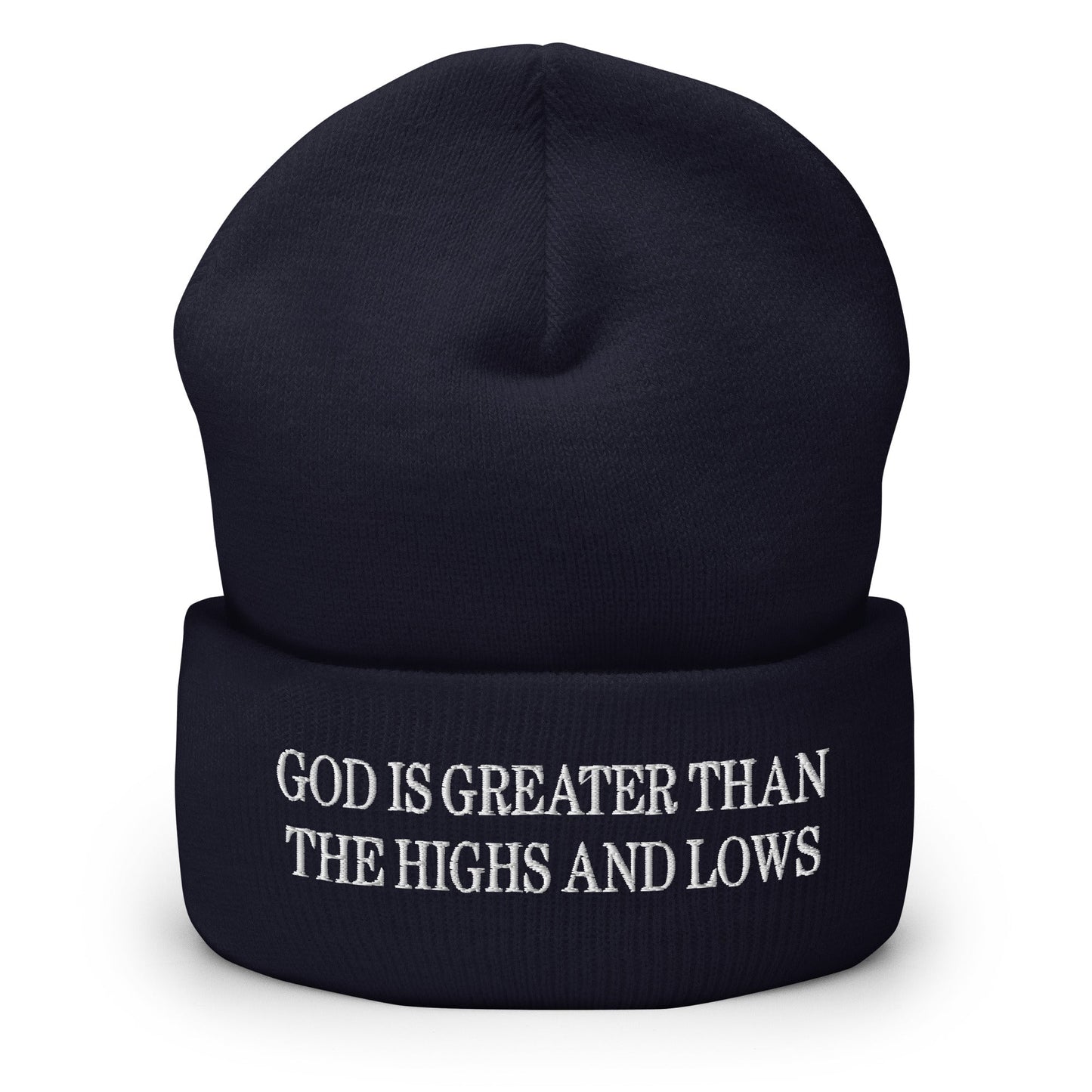 God is Greater than the Highs and Lows Embroidered Knit Cuffed Beanie Navy