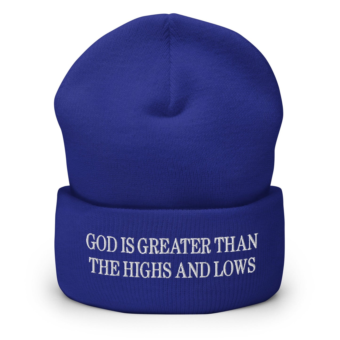 God is Greater than the Highs and Lows Embroidered Knit Cuffed Beanie Royal