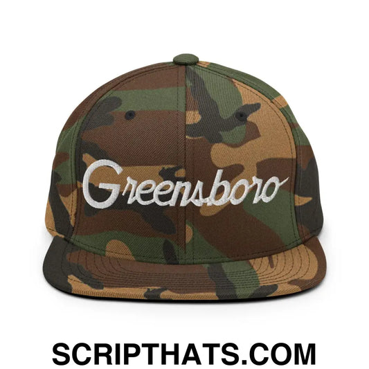 Greensboro Script Snapback Hat Green Camo