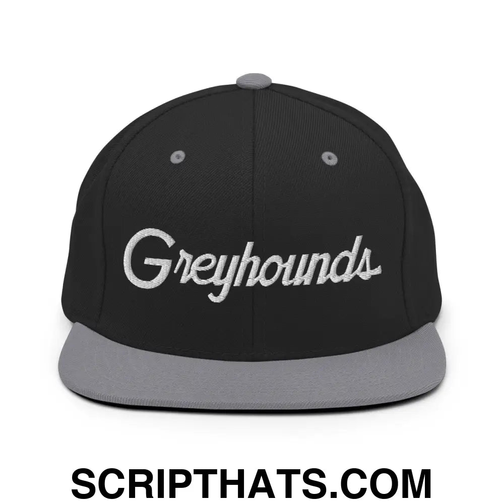 Greyhounds School Mascot Script Snapback Hat Black Silver