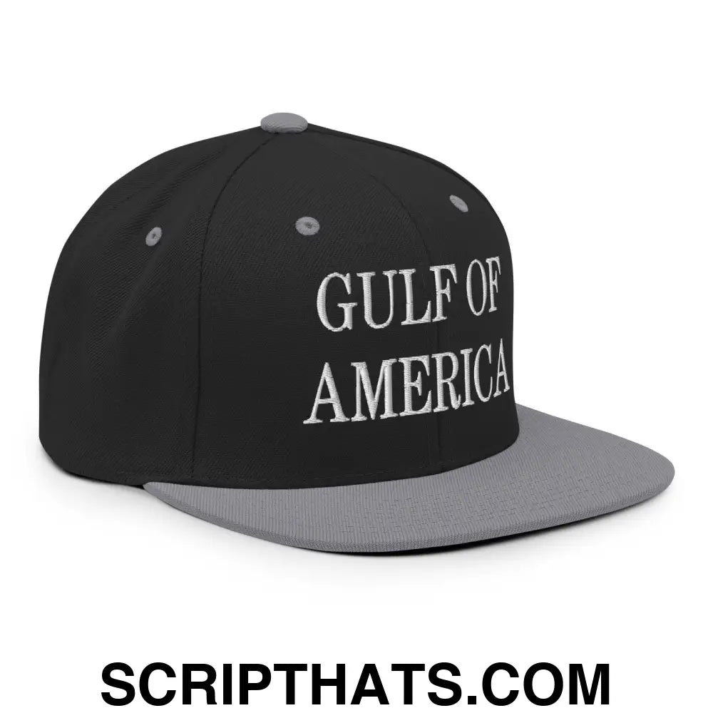 Gulf of America Embroidered Flat Bill Brim Snapback Hat Black Silver