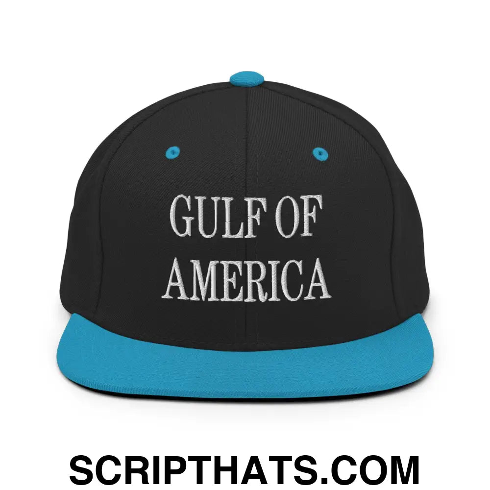 Gulf of America Embroidered Flat Bill Brim Snapback Hat Black Teal