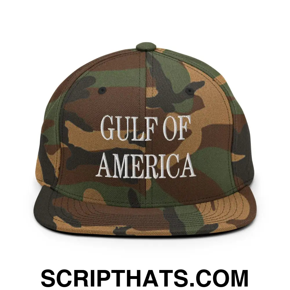 Gulf of America Embroidered Flat Bill Brim Snapback Hat Green Camo