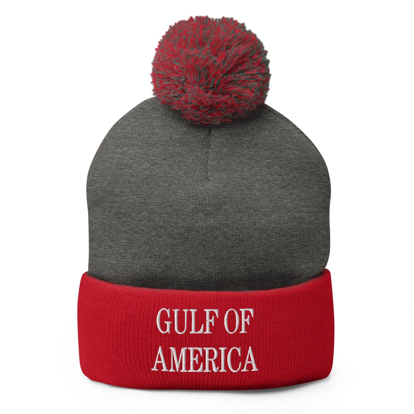 Gulf of America Embroidered Knit Pom Pom Beanie Dark Heather Grey Red