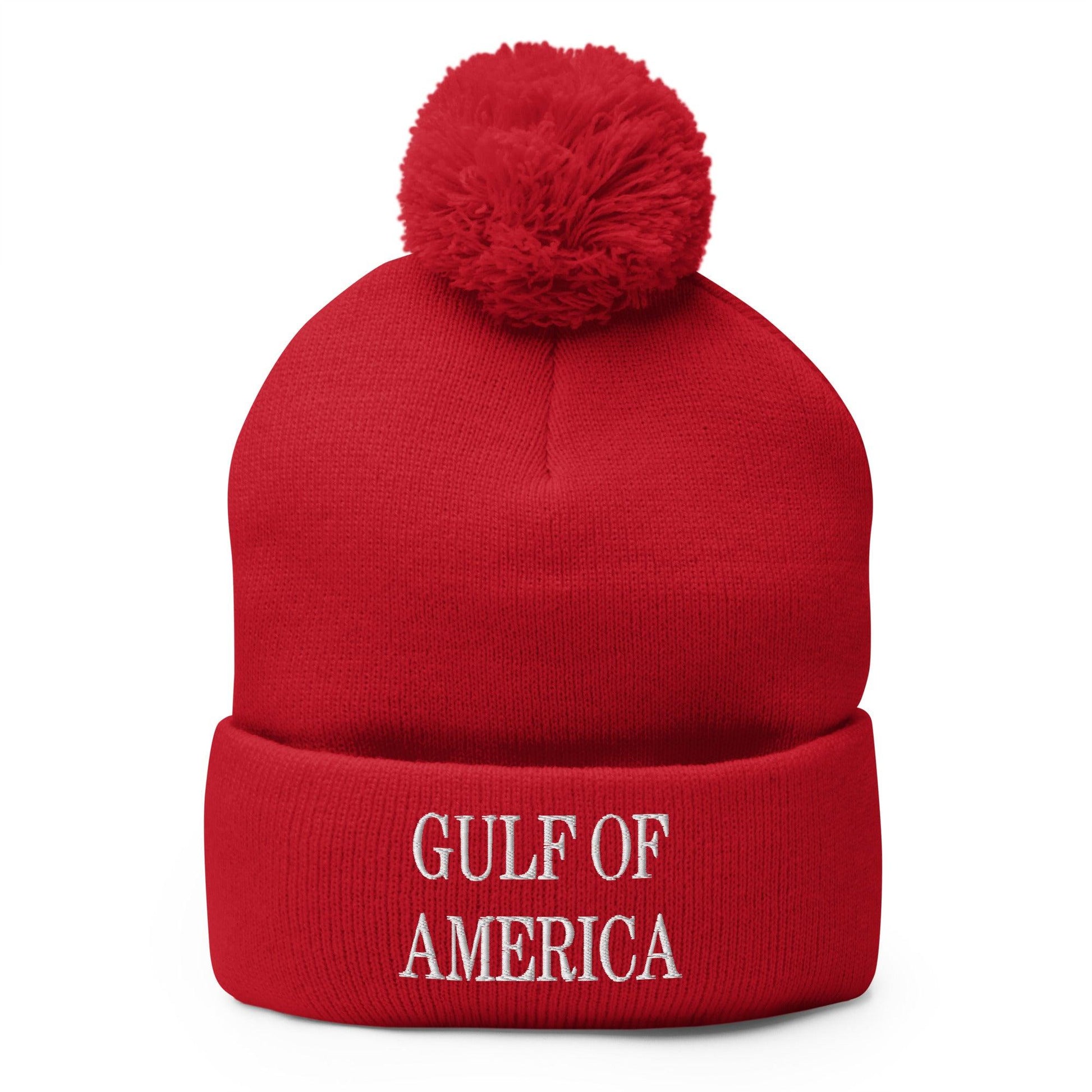 Gulf of America Embroidered Knit Pom Pom Beanie Red