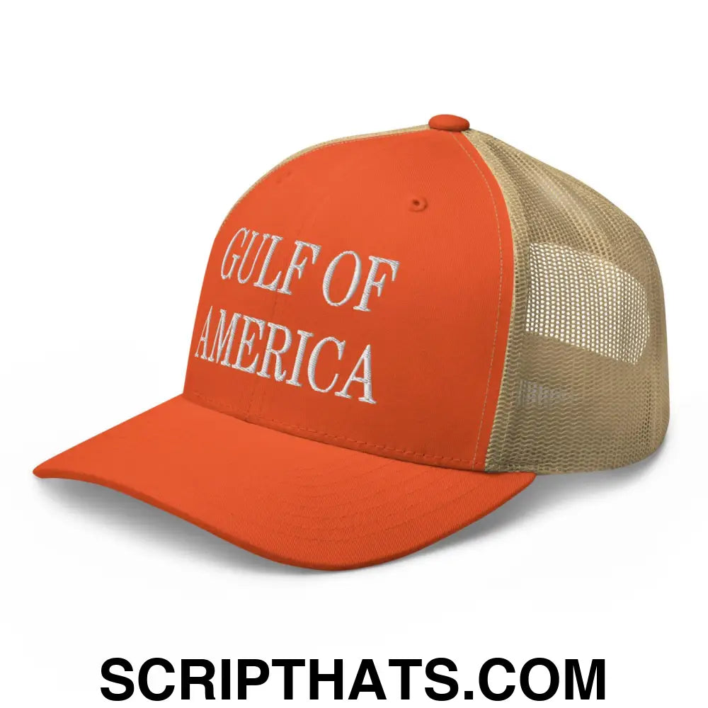 Gulf of America Embroidered Mesh Trucker Hat Rustic Orange Khaki