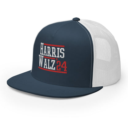 Harris Walz 2024 24 Flat Bill Brim Trucker Hat Navy White