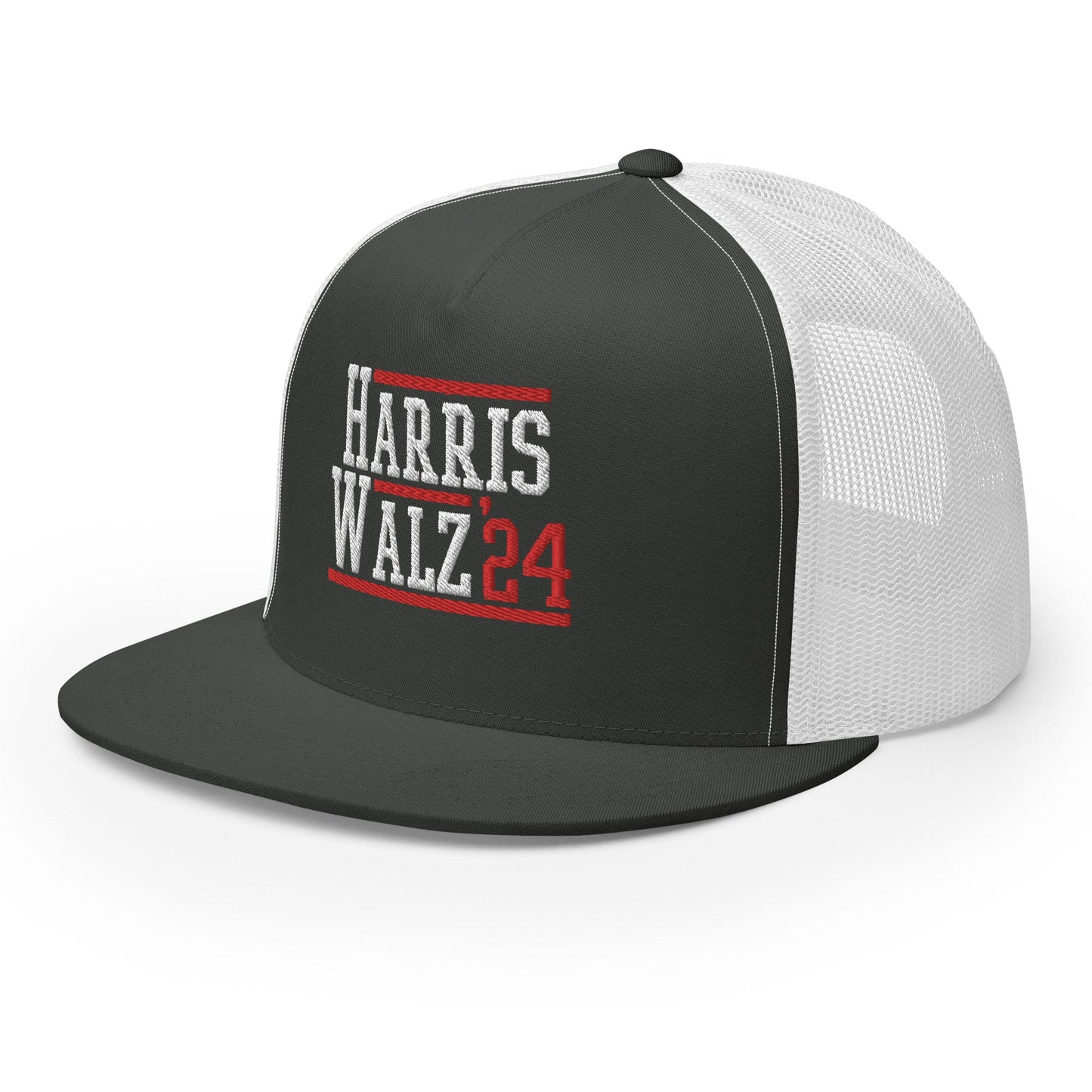 Harris Walz 2024 24 Flat Bill Brim Trucker Hat Charcoal White