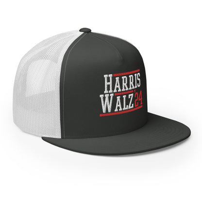 Harris Walz 2024 24 Flat Bill Brim Trucker Hat Charcoal White