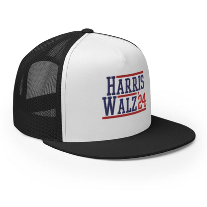 Harris Walz 2024 24 Flat Bill Brim Trucker Hat Black White Black