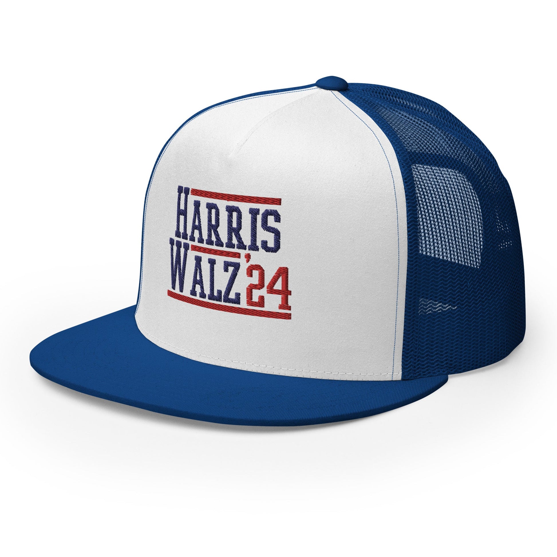 Harris Walz 2024 24 Flat Bill Brim Trucker Hat Royal White Royal