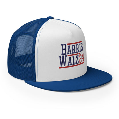 Harris Walz 2024 24 Flat Bill Brim Trucker Hat Royal White Royal