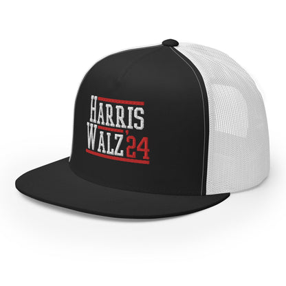 Harris Walz 2024 24 Flat Bill Brim Trucker Hat Black White