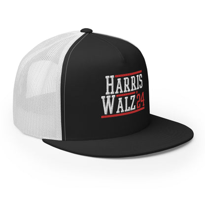 Harris Walz 2024 24 Flat Bill Brim Trucker Hat Black White