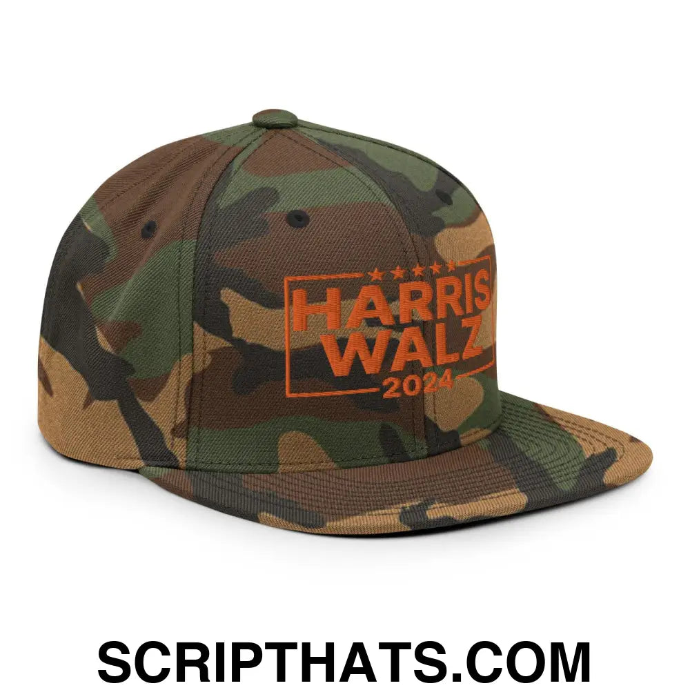 Harris Walz 2024 Flat Bill Brim Snapback Hat Orange Camo Camo