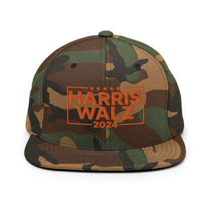 Harris Walz 2024 Flat Bill Brim Snapback Hat Orange Camo Camo