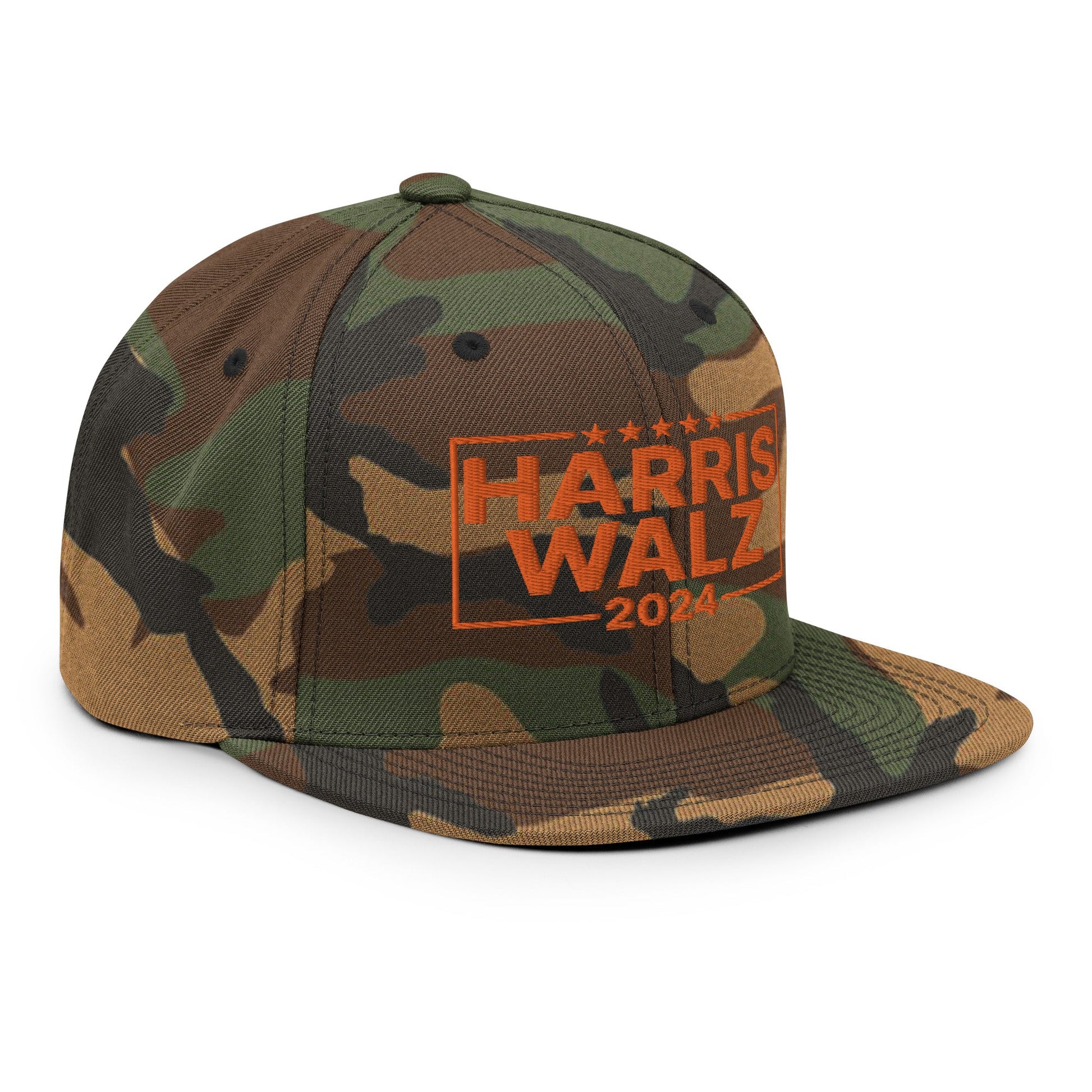 Harris Walz 2024 Flat Bill Brim Snapback Hat Orange Camo Camo