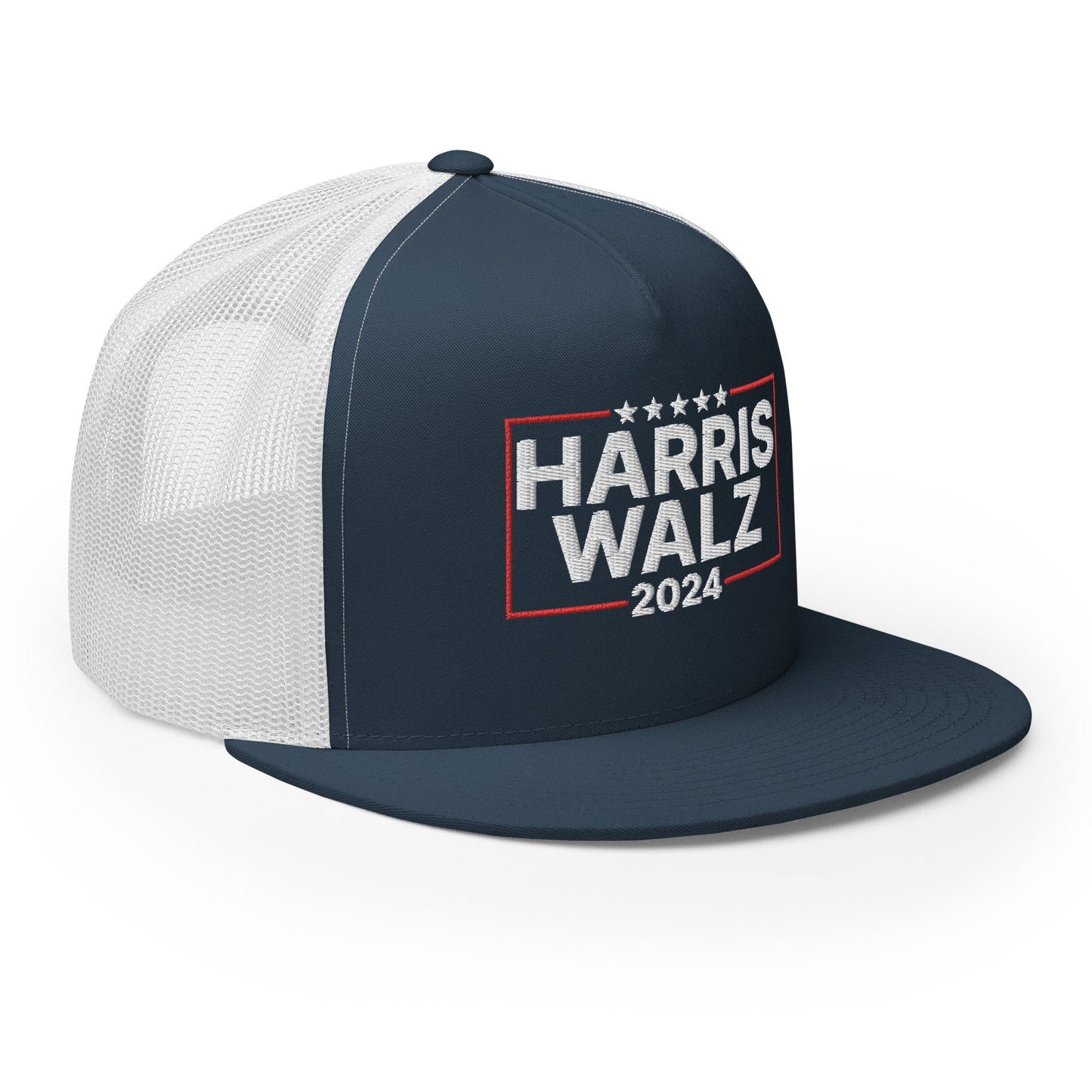 Harris Walz 2024 Flat Bill Brim Trucker Hat Navy White