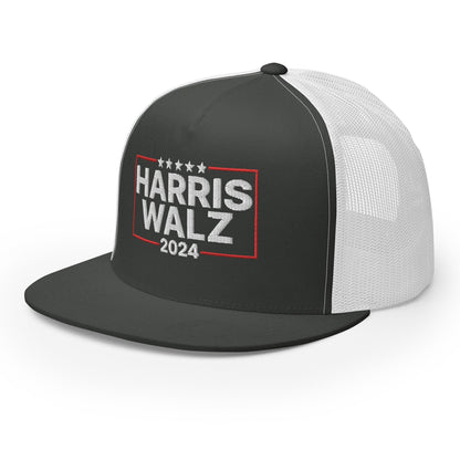 Harris Walz 2024 Flat Bill Brim Trucker Hat Charcoal White