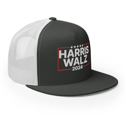 Harris Walz 2024 Flat Bill Brim Trucker Hat Charcoal White