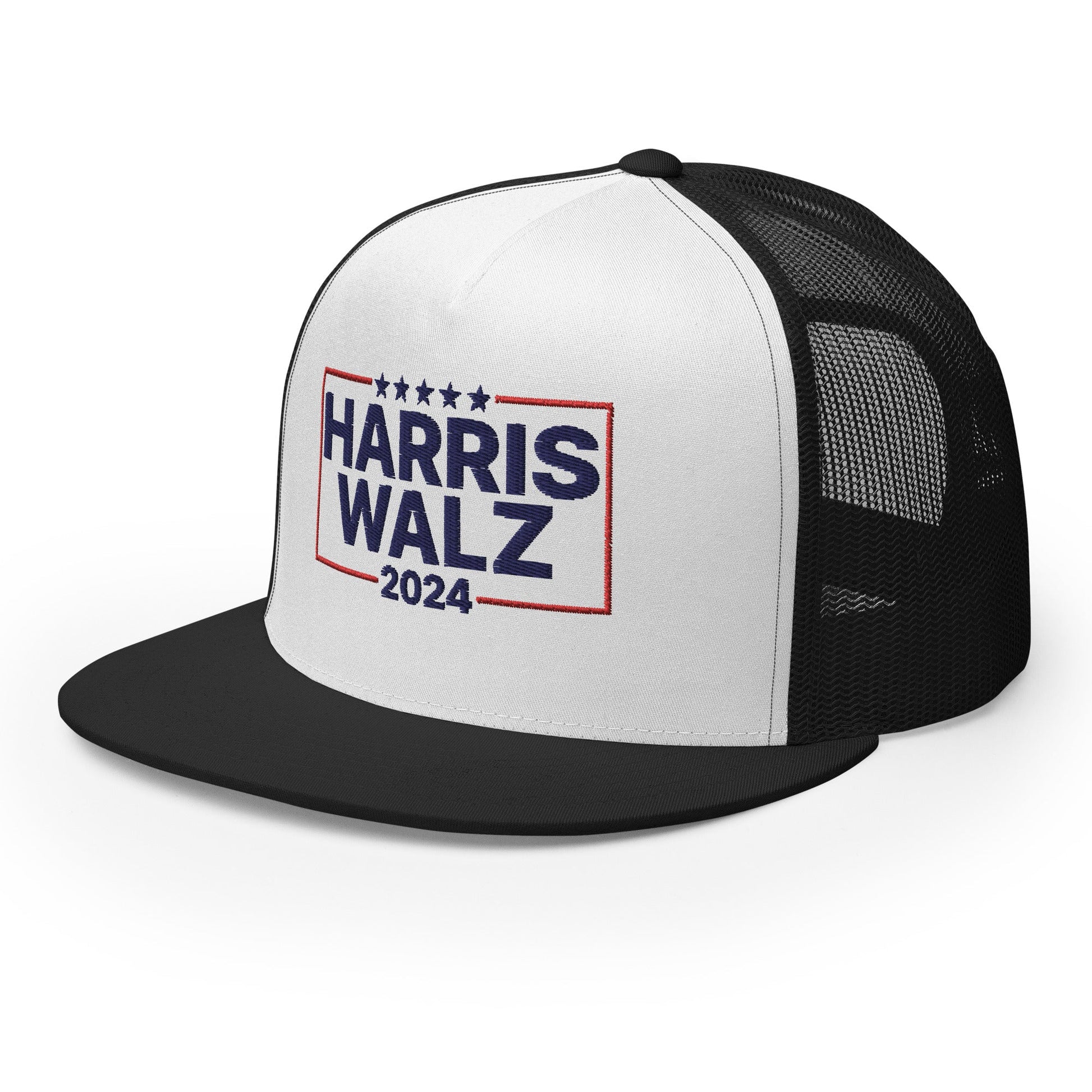 Harris Walz 2024 Flat Bill Brim Trucker Hat Black White Black