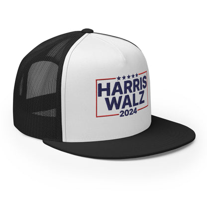 Harris Walz 2024 Flat Bill Brim Trucker Hat Black White Black