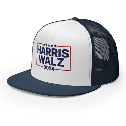 Harris Walz 2024 Flat Bill Brim Trucker Hat Navy White Navy