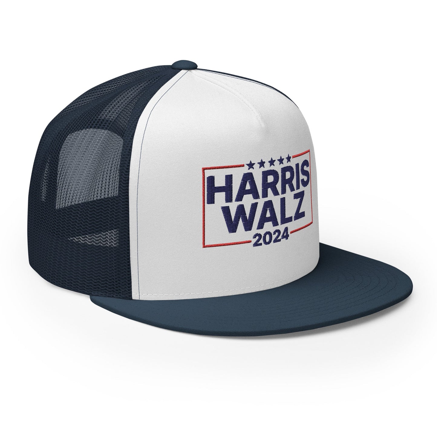 Harris Walz 2024 Flat Bill Brim Trucker Hat Navy White Navy