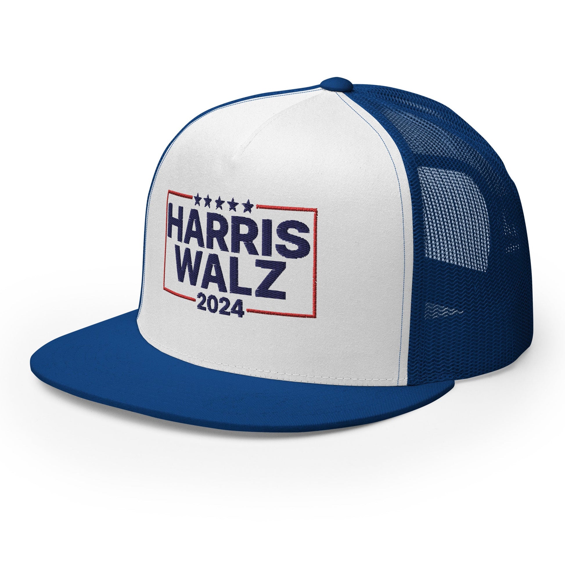 Harris Walz 2024 Flat Bill Brim Trucker Hat Royal White Royal