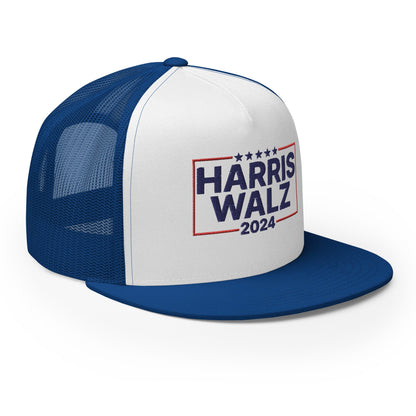 Harris Walz 2024 Flat Bill Brim Trucker Hat Royal White Royal