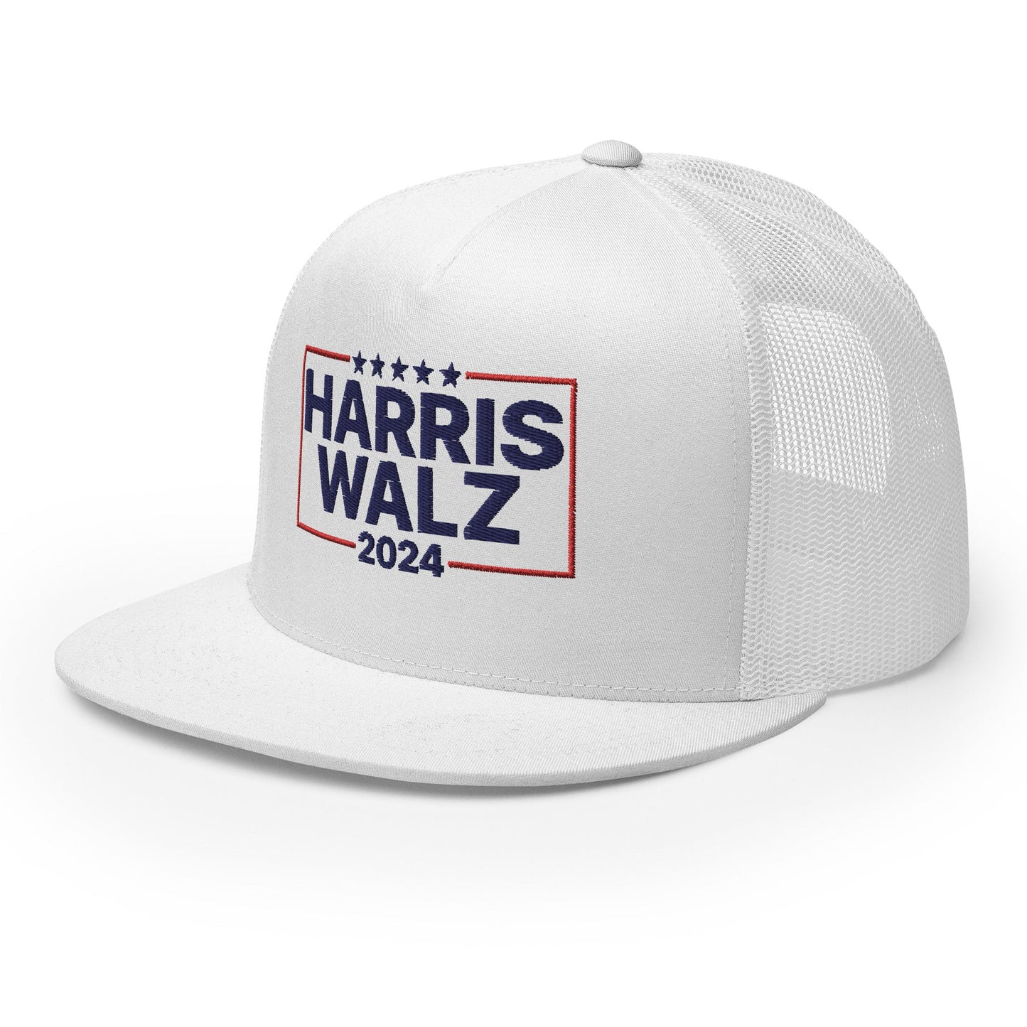 Harris Walz 2024 Flat Bill Brim Trucker Hat White