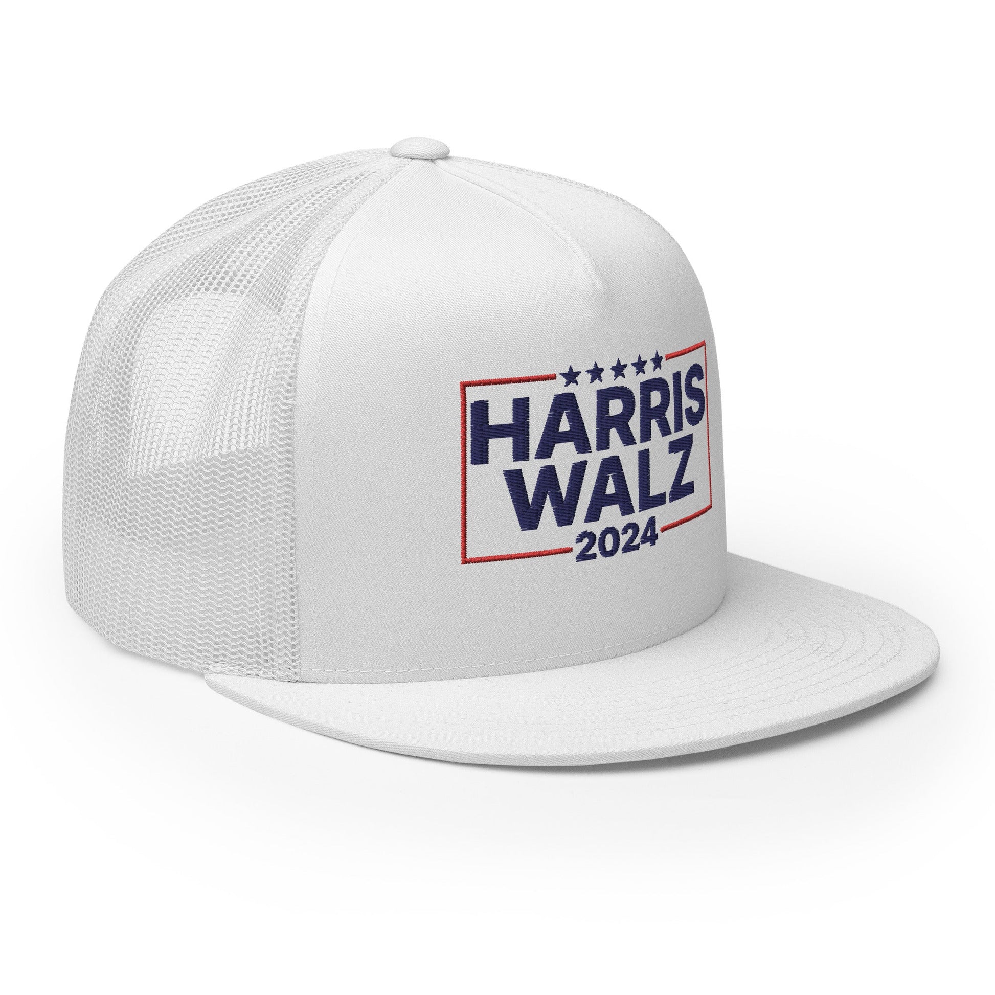 Harris Walz 2024 Flat Bill Brim Trucker Hat White