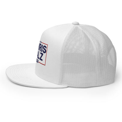 Harris Walz 2024 Flat Bill Brim Trucker Hat White