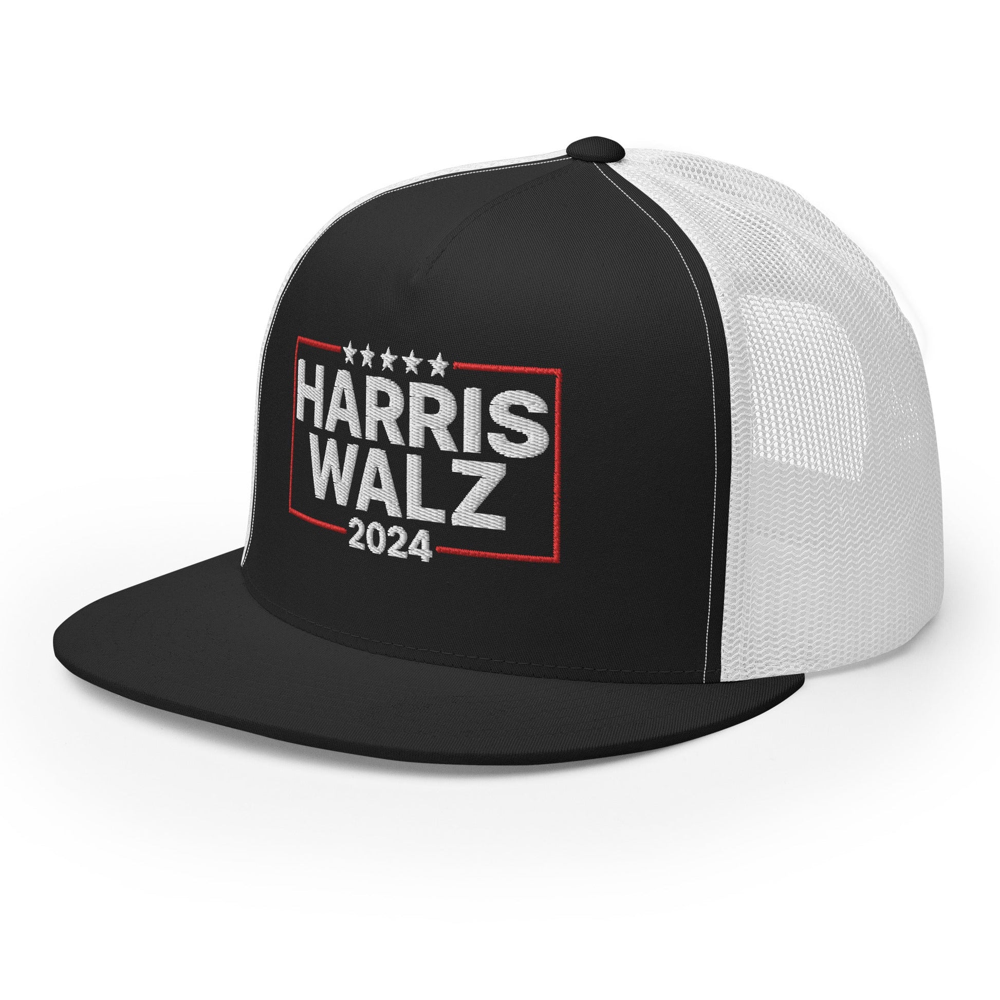 Harris Walz 2024 Flat Bill Brim Trucker Hat Black White