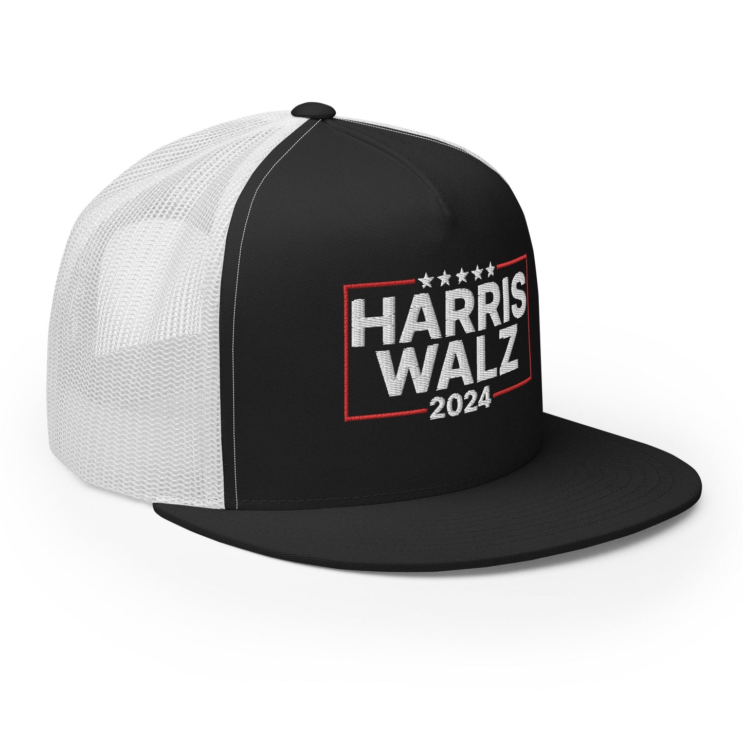 Harris Walz 2024 Flat Bill Brim Trucker Hat Black White