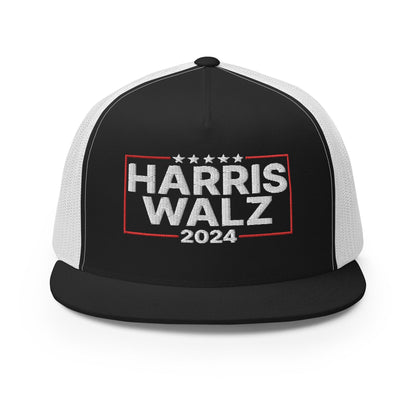 Harris Walz 2024 Flat Bill Brim Trucker Hat Black White