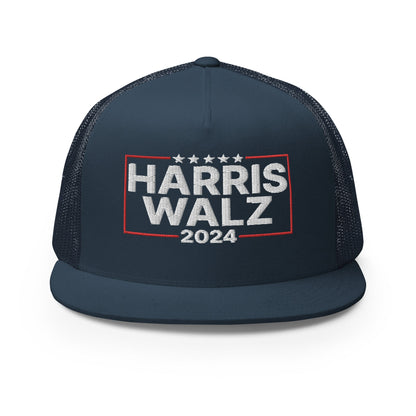 Harris Walz 2024 Flat Bill Brim Trucker Hat Navy