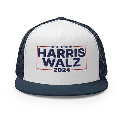 Harris Walz 2024 Flat Bill Brim Trucker Hat Navy White Navy