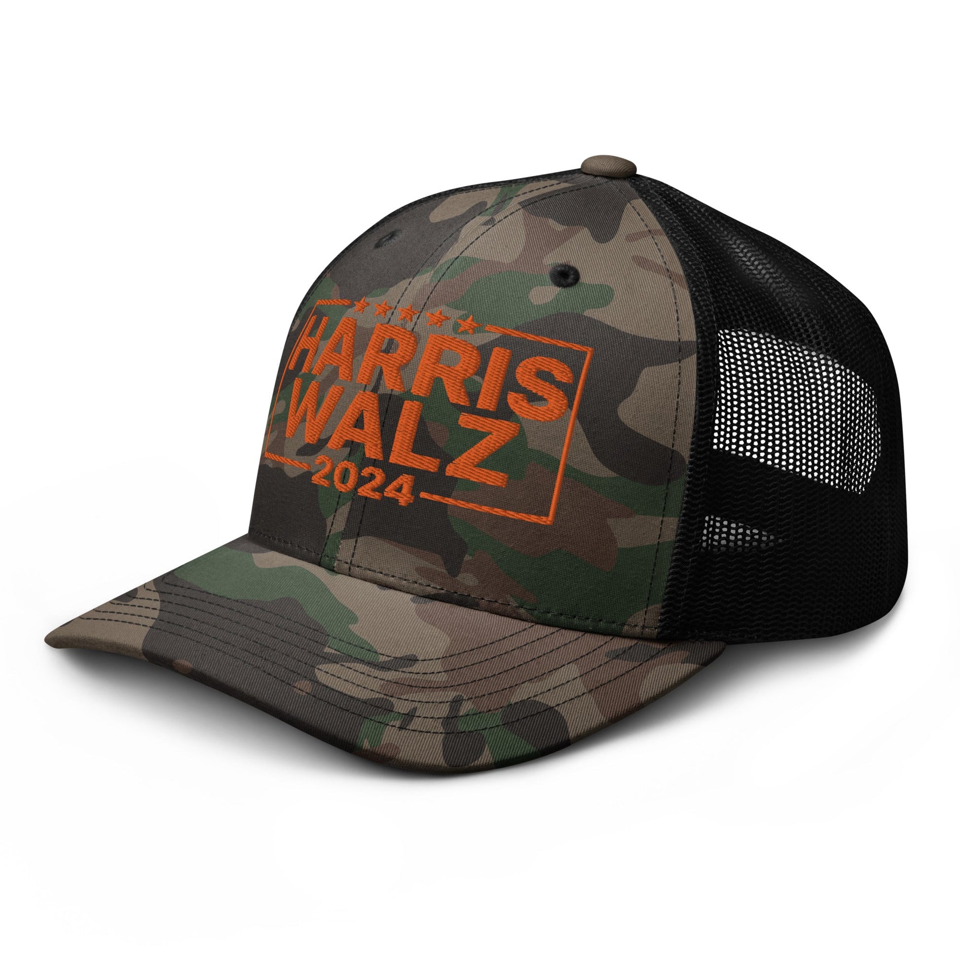 Harris Walz 24 2024 Camo Trucker Hat Orange Camo Black