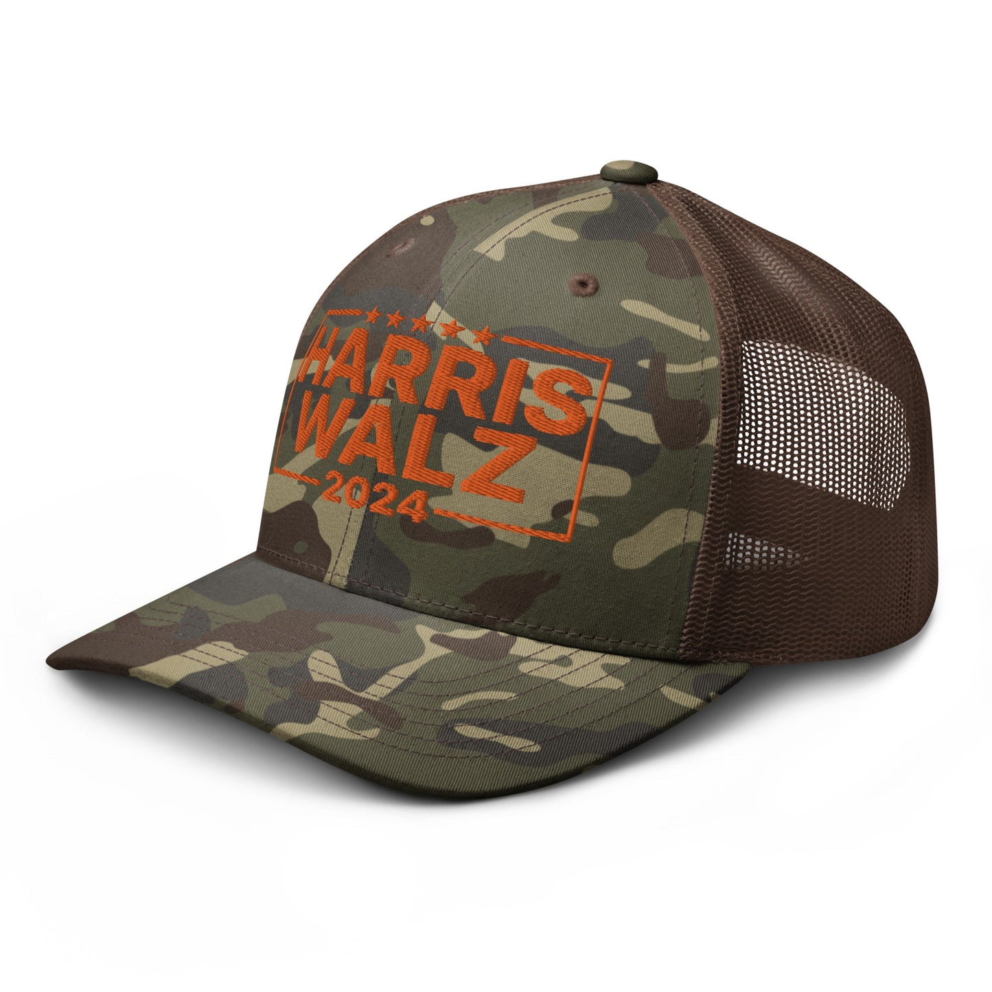 Harris Walz 24 2024 Camo Trucker Hat Orange Camo Brown