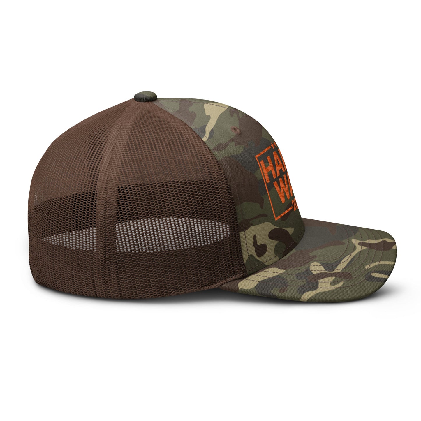 Harris Walz 24 2024 Camo Trucker Hat Orange Camo Brown