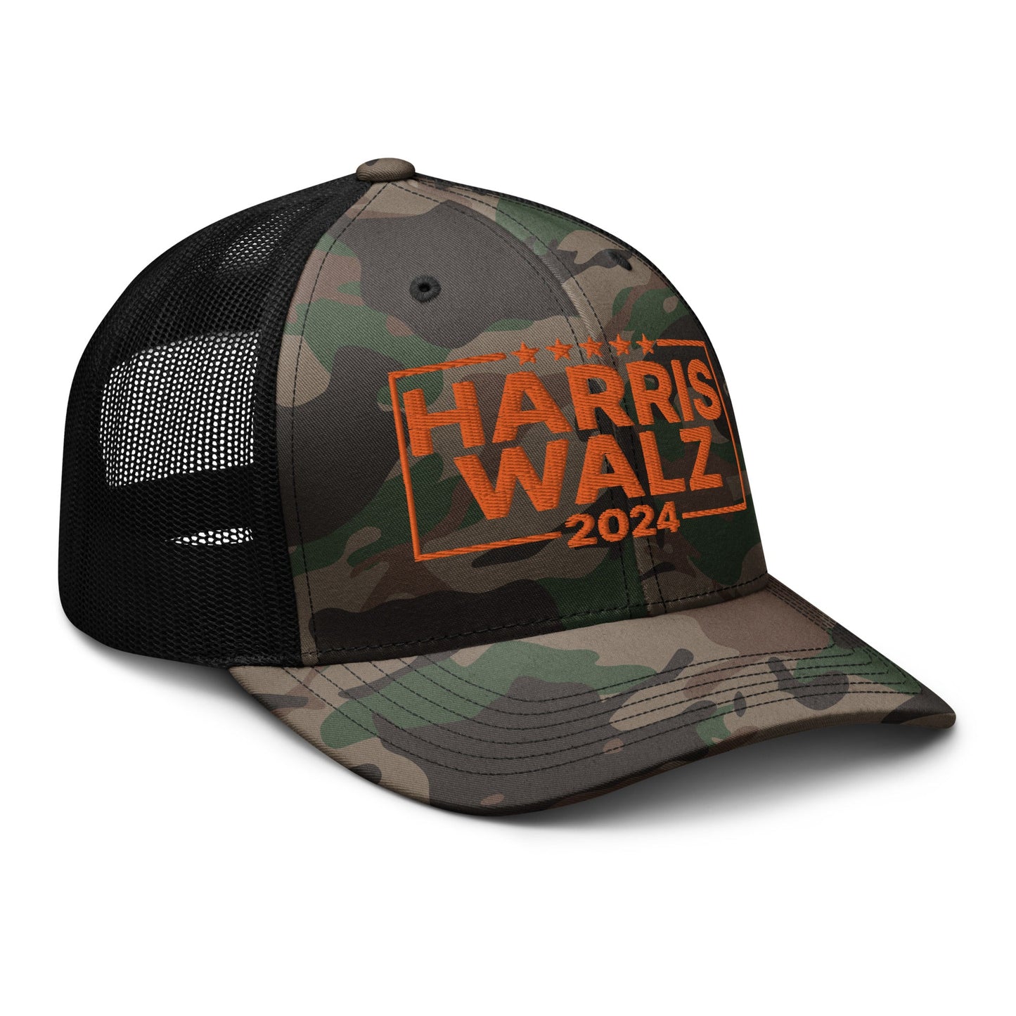 Harris Walz 24 2024 Camo Trucker Hat Orange Camo Black