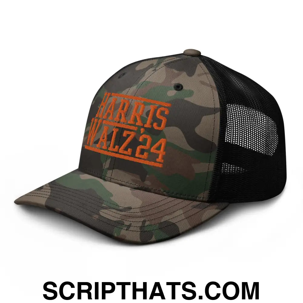 Harris Walz '24 2024 Camo Trucker Hat Orange Camo Black