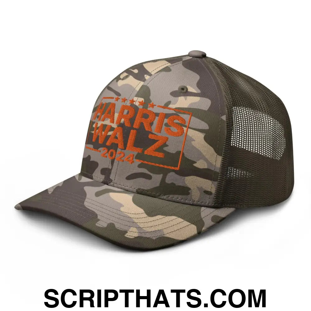 Harris Walz 24 2024 Camo Trucker Hat Orange Camo Olive