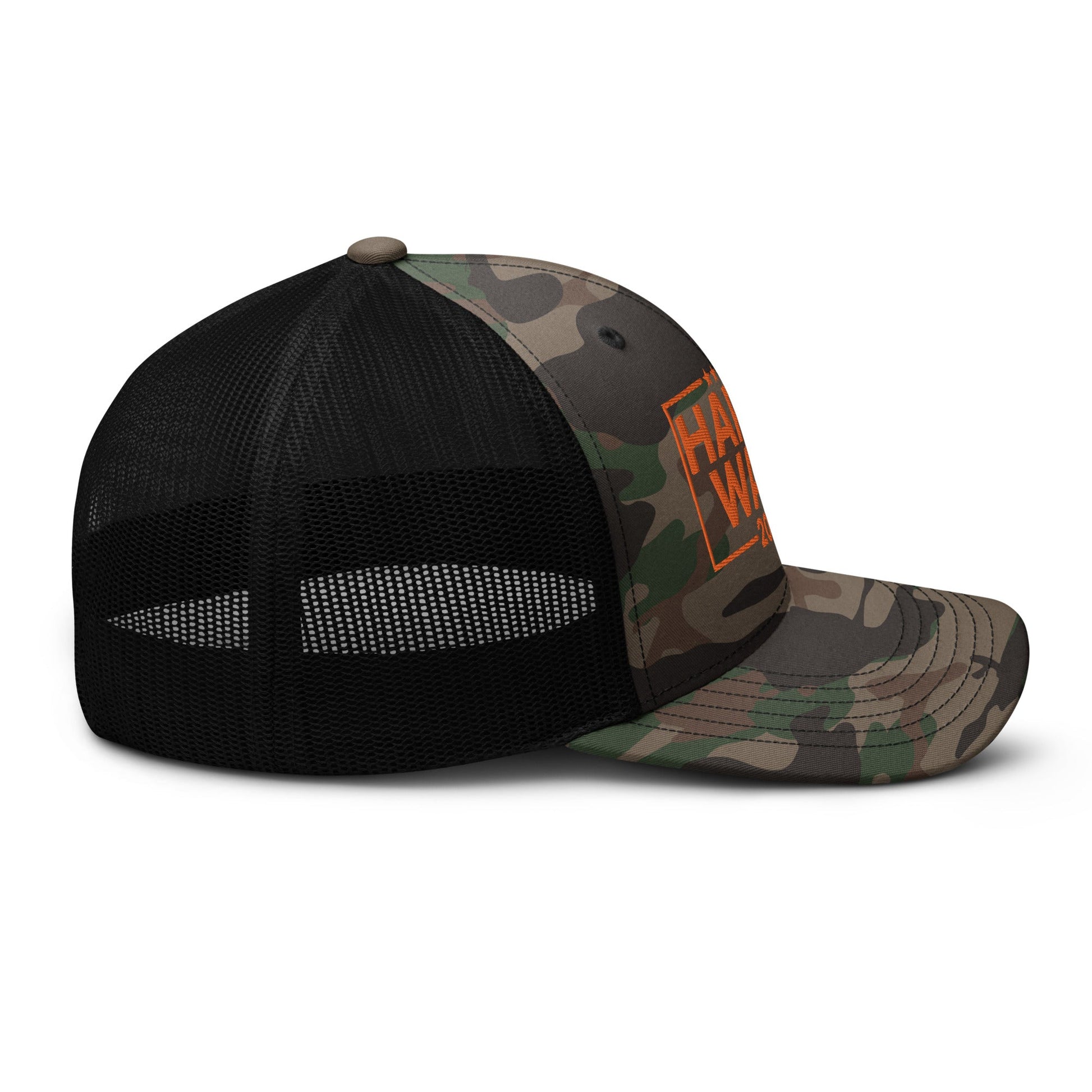 Harris Walz 24 2024 Camo Trucker Hat Orange Camo Black