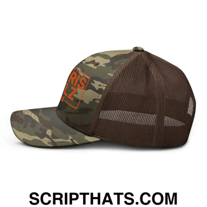 Harris Walz 24 2024 Camo Trucker Hat Orange Camo Brown