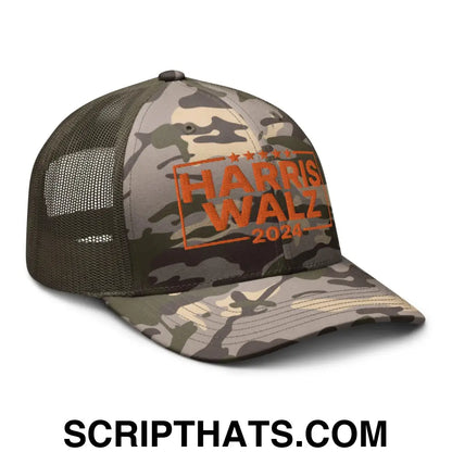 Harris Walz 24 2024 Camo Trucker Hat Orange Camo Olive